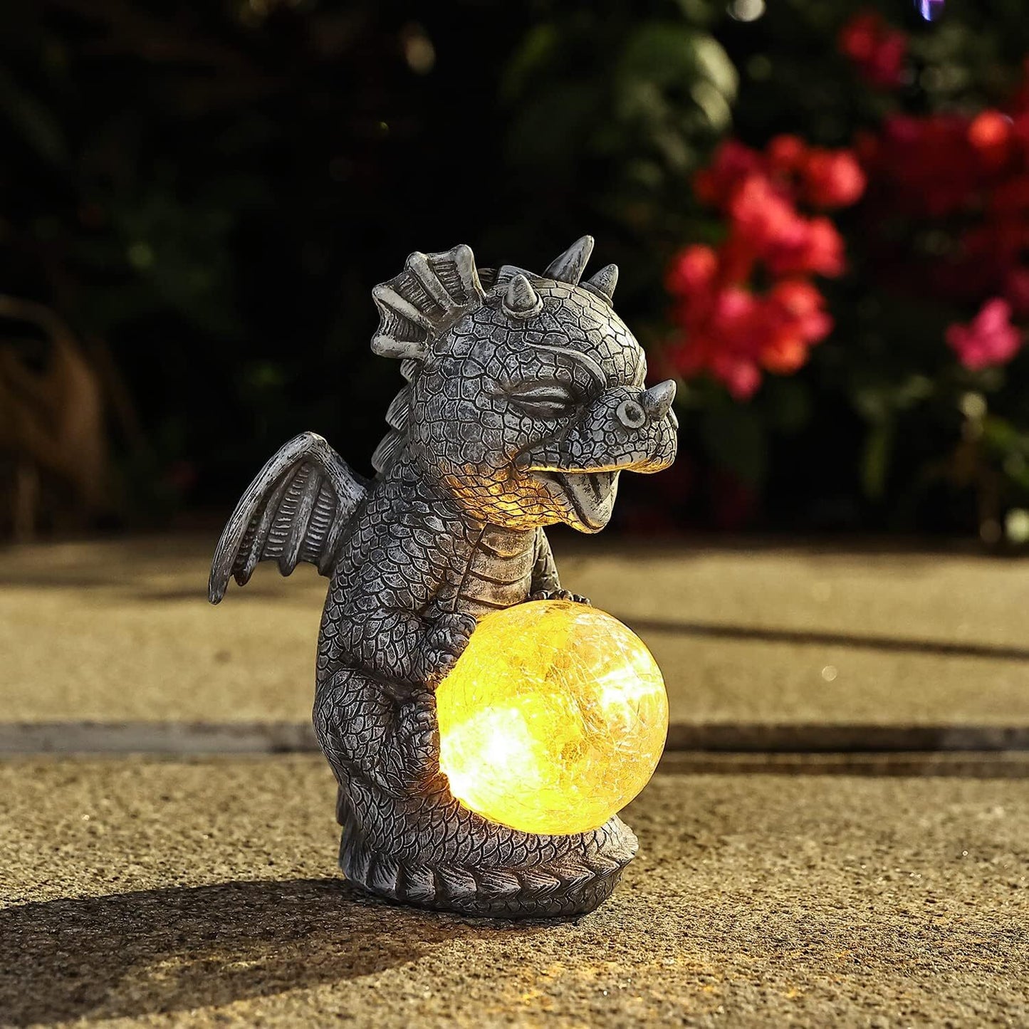Garden Dragon Statues - Adorable Baby Resin Dragon Holding Magic Orb with Solar LED Lights