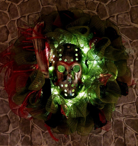 Jason wreath, Jason halloween wreath, halloween wreath, halloween front door wreath, horror movie classics, Friday the 13th wreath