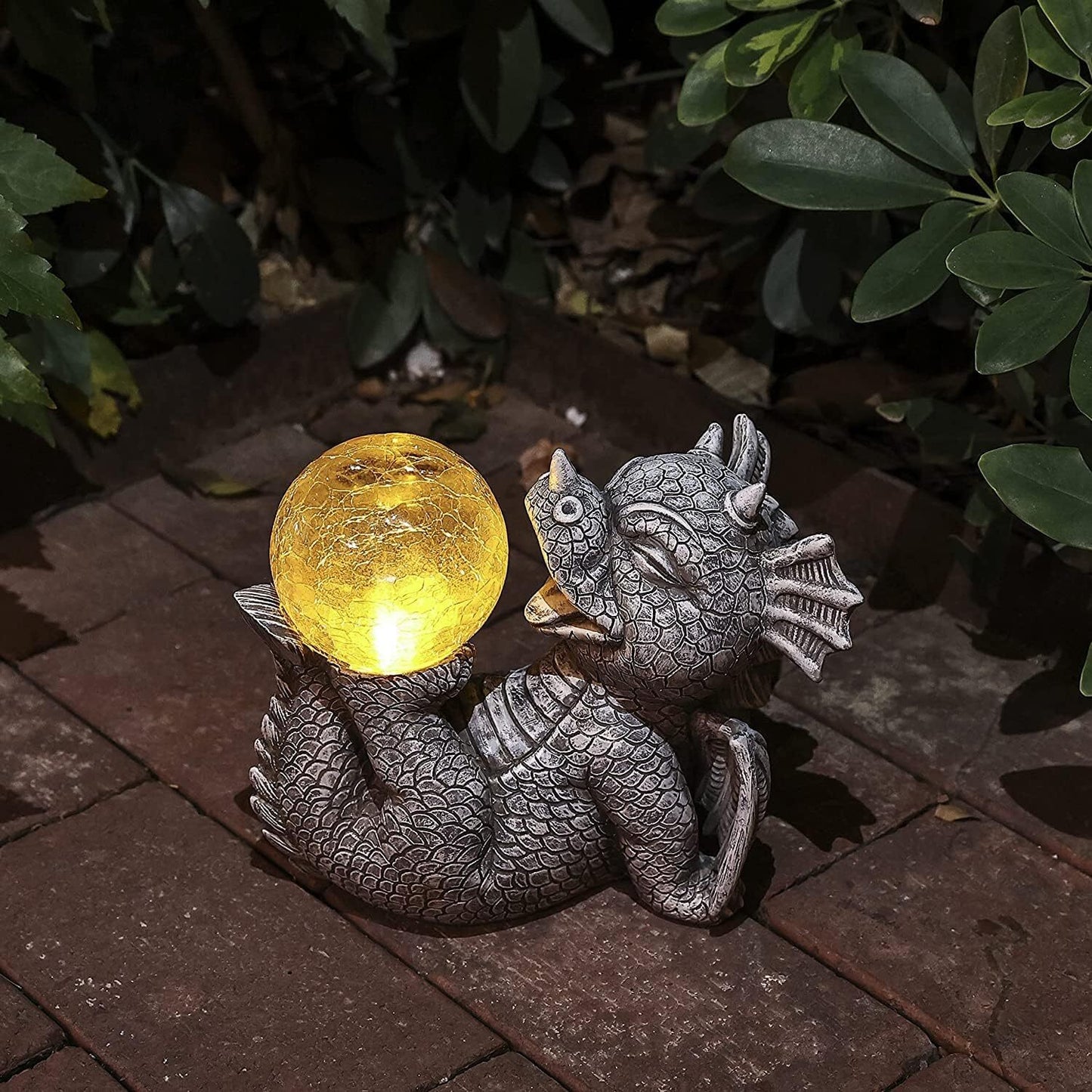 Garden Dragon Statues - Adorable Baby Resin Dragon Holding Magic Orb with Solar LED Lights
