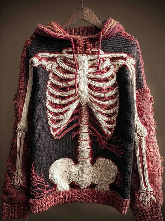 Halloween Skeleton Anatomy Patchwork Hooded Cozy Knit Sweater