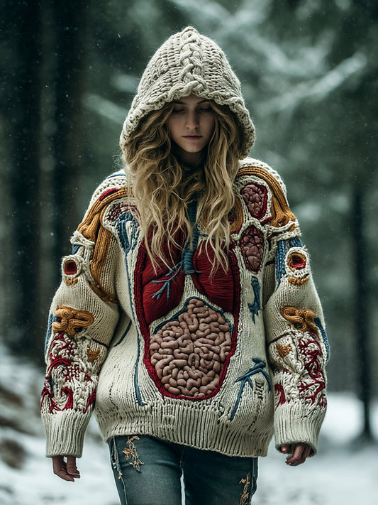 Women's Halloween Human Anatomy Art Knit Hooded Sweater