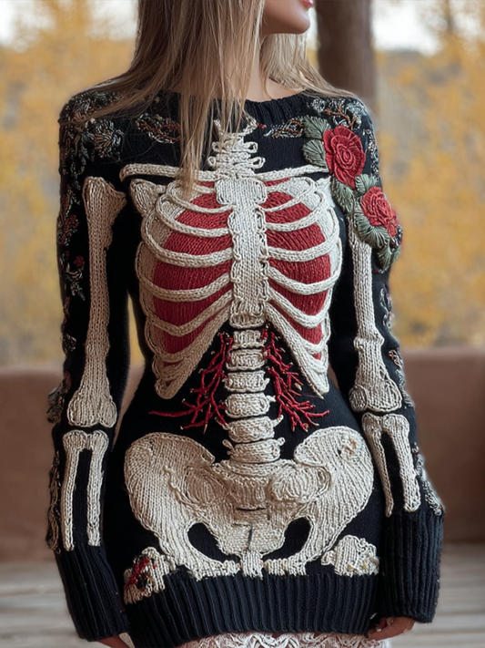 Halloween Human Anatomy Pattern And Flower Pattern Combined Design Women's Round Neck Knit Sweater Dress