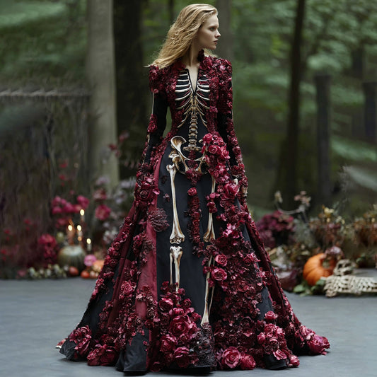Women's Elegant Retro Skull Flower Pattern V-neck Long Sleeve Maxi Dress