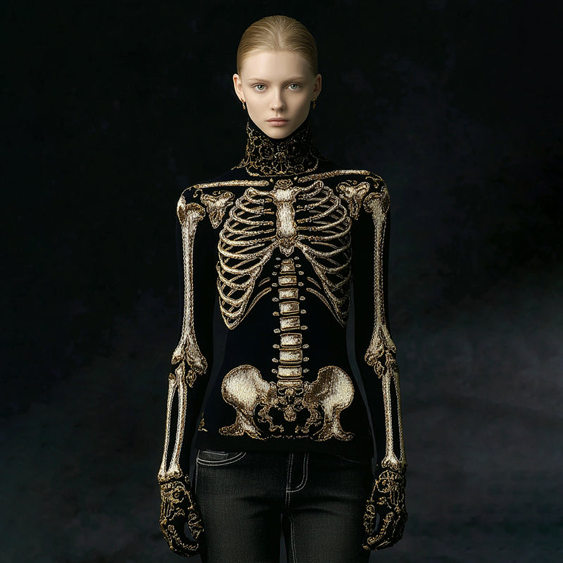 Women's Gothic Style Skeleton High Neck Cozy Sweater