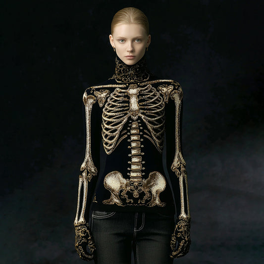 Women's Gothic Style Skeleton High Neck Cozy Sweater