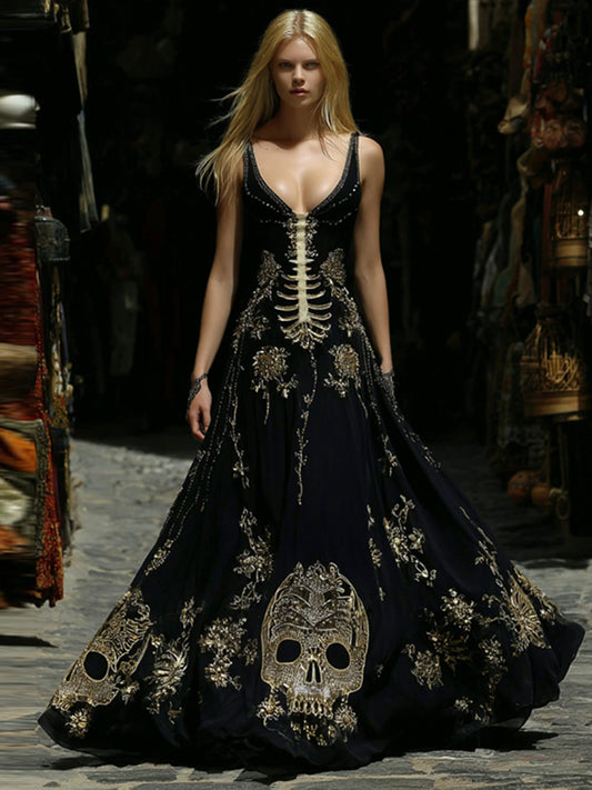 Women's Gothic Style Skeleton Art V Neck Sleeveless Maxi Dress