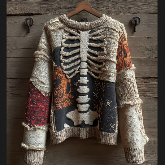 Halloween Skeleton Man Pattern Knit Round Neck Sweater