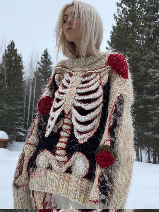 Lady's Halloween Gothic Style Skull Skeleton Pattern Knitted Sweater