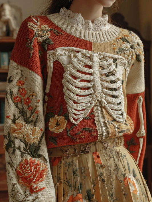 Women's Skeleton & Floral Art Crew Neck Cozy Sweater