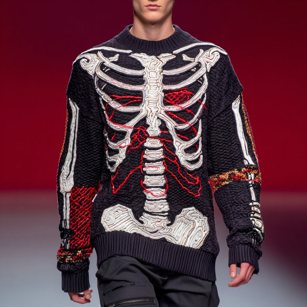 Men's Halloween Skeleton Art Embroidered Comfy Sweater