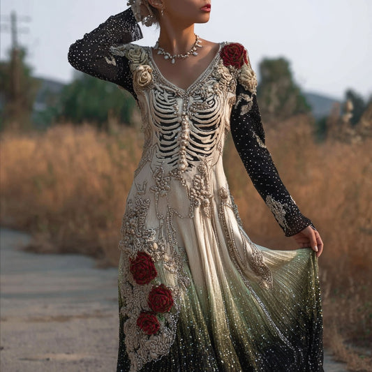 Vintage Skeleton Roses Glitter Gradient Flowy Maxi Dress