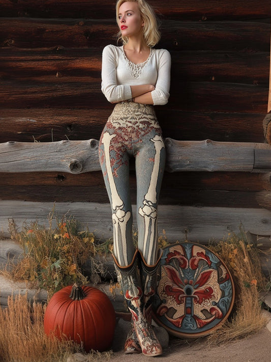 Vintage Halloween Skeleton Art Pattern Cozy Knit Leggings