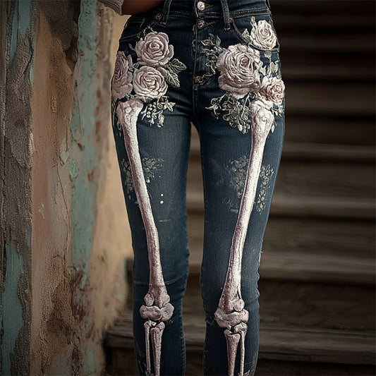 Vintage Skeleton Pink Roses Beaded Embroidered Washed Jeans