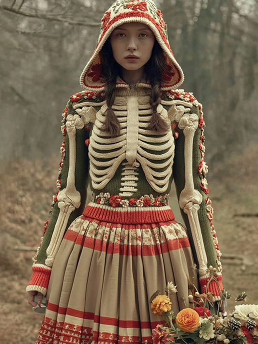 Women's Retro Skeleton Floral Art Knit Hooded Sweater