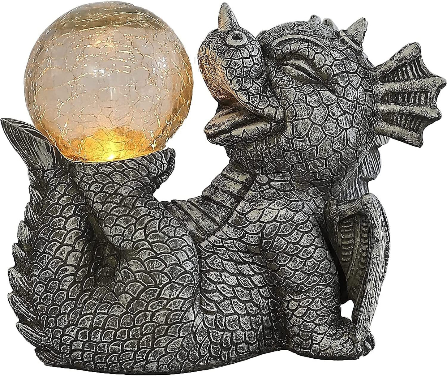 Garden Dragon Statues - Adorable Baby Resin Dragon Holding Magic Orb with Solar LED Lights