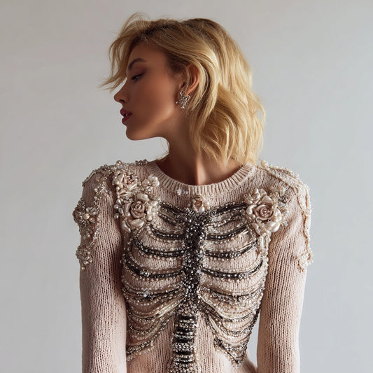 Vintage Glitter Skeleton Floral Embroidered Cozy Sweater