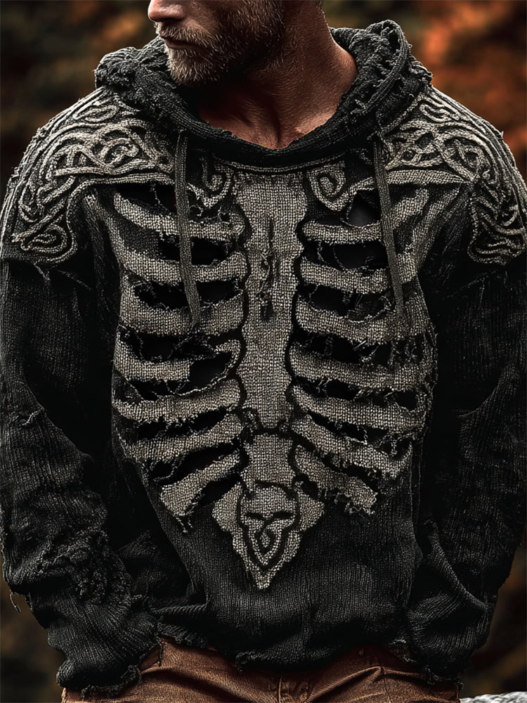 Men's Skeleton Inspired Viking Celtic Cozy Knit Hooded Sweater