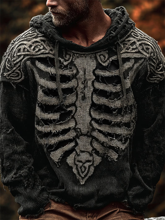 Men's Skeleton Inspired Viking Celtic Cozy Knit Hooded Sweater