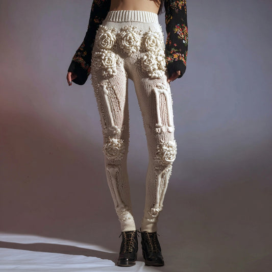 Vintage White Skeleton Roses Crochet Cozy Knit Leggings