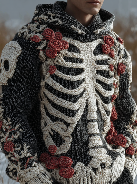 Halloween Human Anatomy Style Bone Pattern And Flower Pattern Combined Design Men's Hooded Knit Sweater