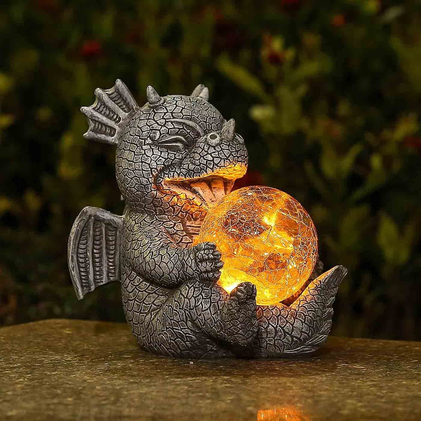 Garden Dragon Statues - Adorable Baby Resin Dragon Holding Magic Orb with Solar LED Lights
