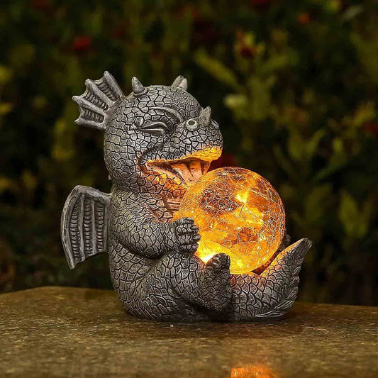 Garden Dragon Statues - Adorable Baby Resin Dragon Holding Magic Orb with Solar LED Lights