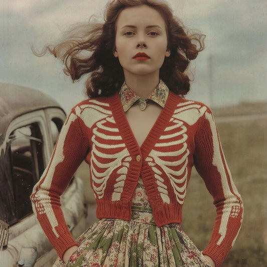 Women's Vintage Skull Ribs Pattern V Neck Cozy Knit Sweater Cardigan