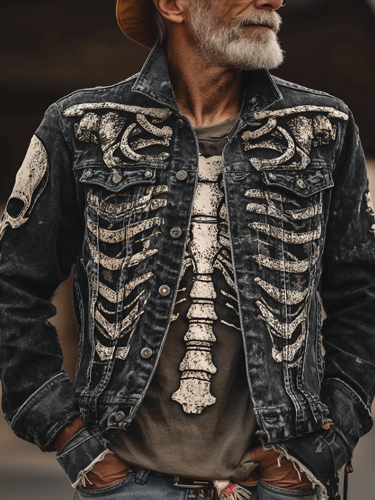 Halloween Skeleton And Human Skeleton Pattern Design Men's Denim Jacket