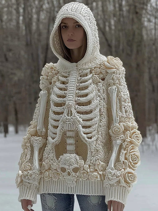 Women's Halloween Skeleton Anatomy Art Knitted Hooded Sweater