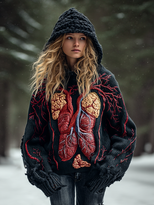 Halloween Human Anatomy Art Women's Knit Hooded Sweater