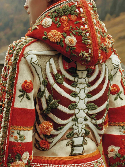 Vintage Halloween Skeleton Floral Knitted Hooded Sweater