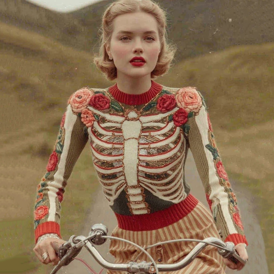 Classic Halloween Skeleton Bones With Rose Art Chunky Knitted Sweater