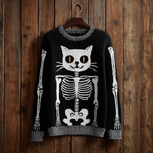 Halloween Cat Skull Art Black Round Neck Sweater