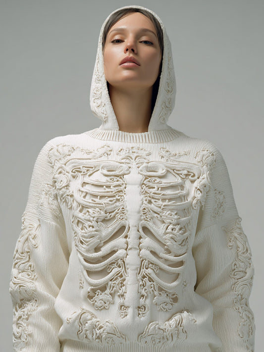 Women's Vintage Halloween Skull Embroidered Hoodie Sweater