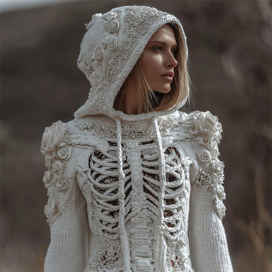Vintage White Roses Beaded Skeleton Hooded Cozy Knit Sweater