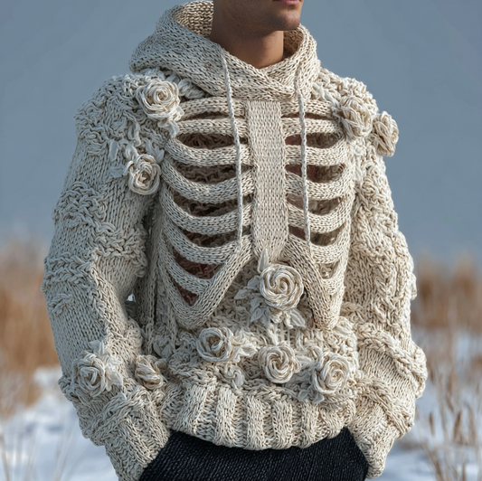 Halloween Human Anatomy Style Bone Pattern And Flower Pattern Combined Design Men's Hooded Knit Sweater