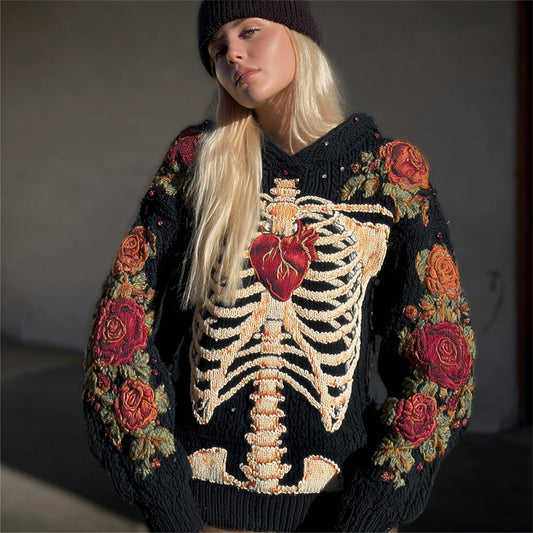 Halloween Human Skeleton & Floral Embroidery Women's Knit Sweater