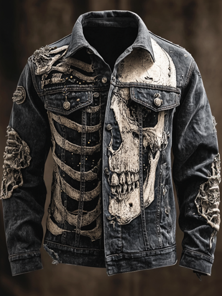 Halloween Skeleton And Human Skeleton Pattern Design Men's Denim Jacket