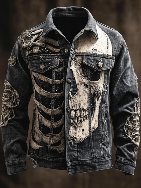 Halloween Skeleton And Human Skeleton Pattern Design Men's Denim Jacket