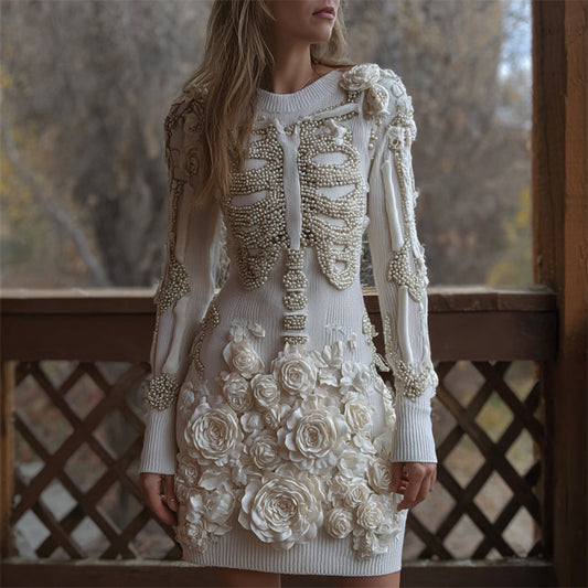 Classy Skeleton White Roses Pearls Beaded Cozy Knit Sweater Dress