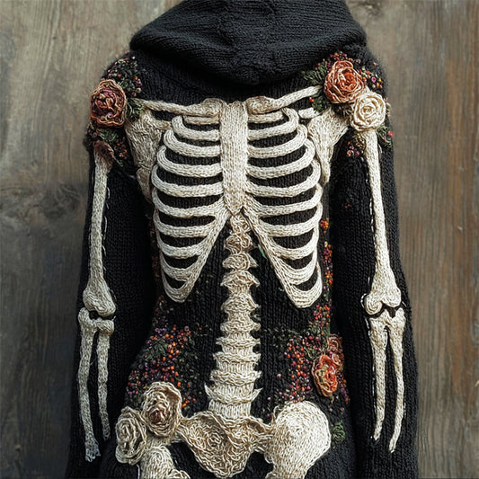 Vintage Skeleton Anatomy Floral Hooded Cozy Knit Sweater