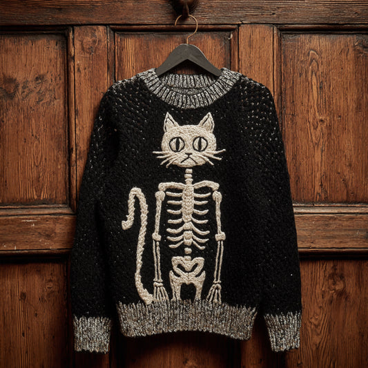 Women Halloween Cat Skull Art Making Old Round Neck Sweater