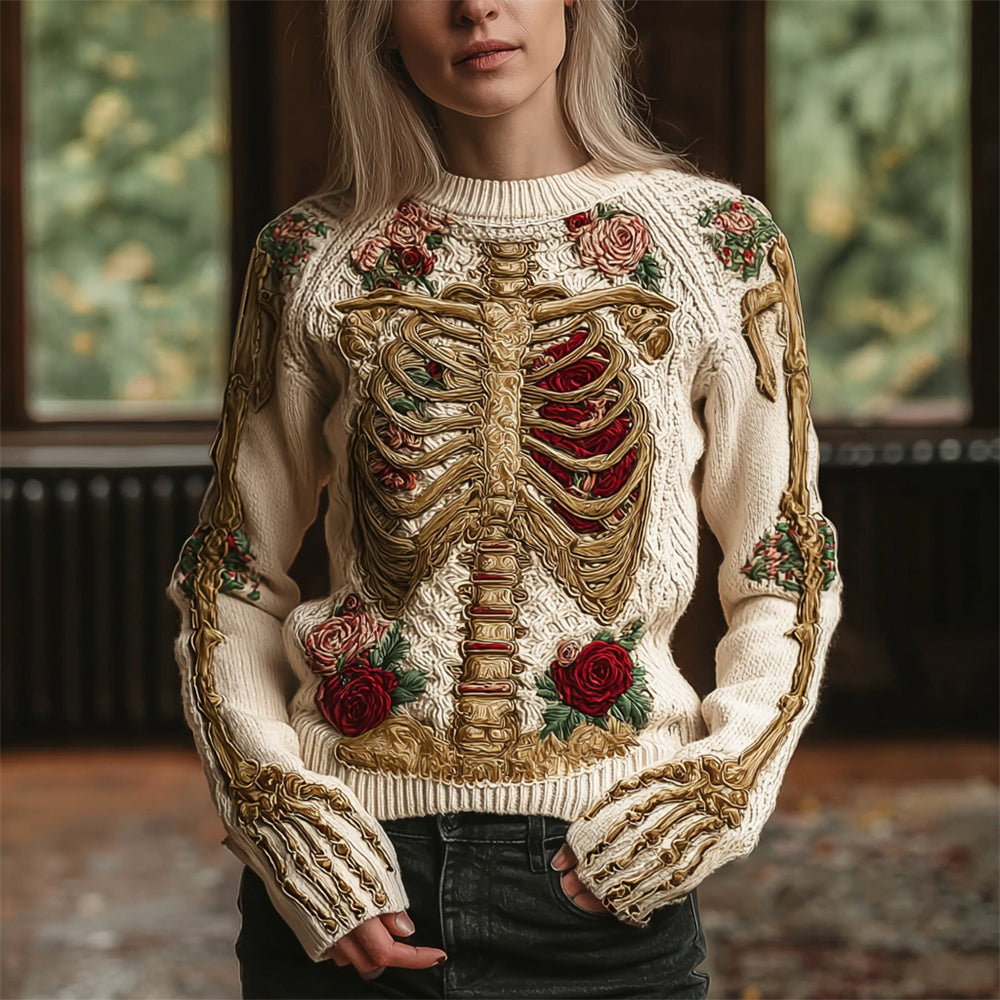 Retro Skeleton & Floral Women's Crew Neck Knit Sweater