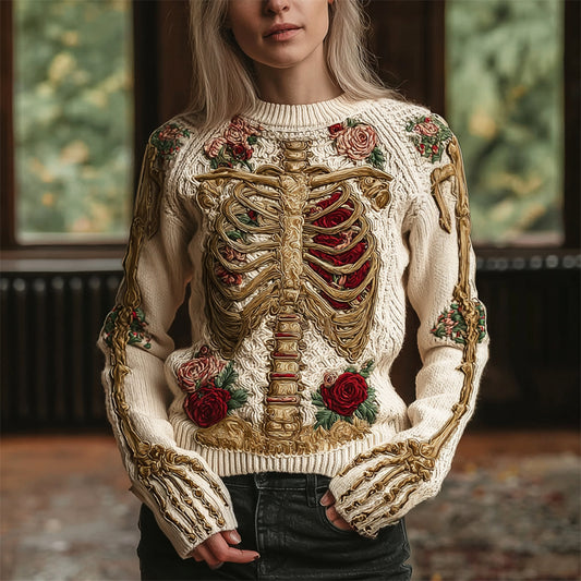 Retro Skeleton & Floral Women's Crew Neck Knit Sweater