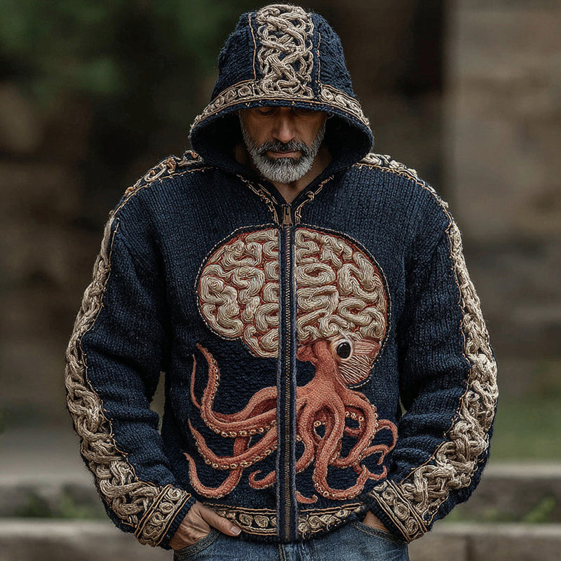 Halloween Cthulhu Octopus Human Brain Anatomy Inspired Celtic Knot Jacquard Zipper Hooded Cardigan