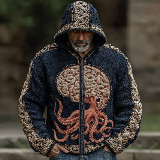 Halloween Cthulhu Octopus Human Brain Anatomy Inspired Celtic Knot Jacquard Zipper Hooded Cardigan