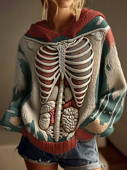 Vintage Halloween Anatomy Art Chunky Knitted Hooded Sweater