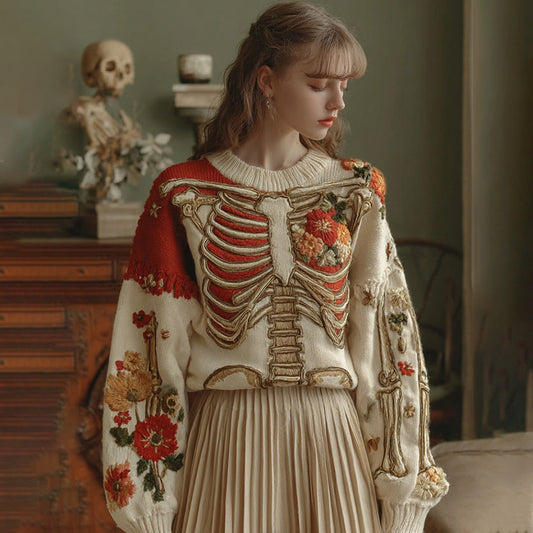 Women's Skeleton & Floral Embroidery Art Color Block Cozy Sweater