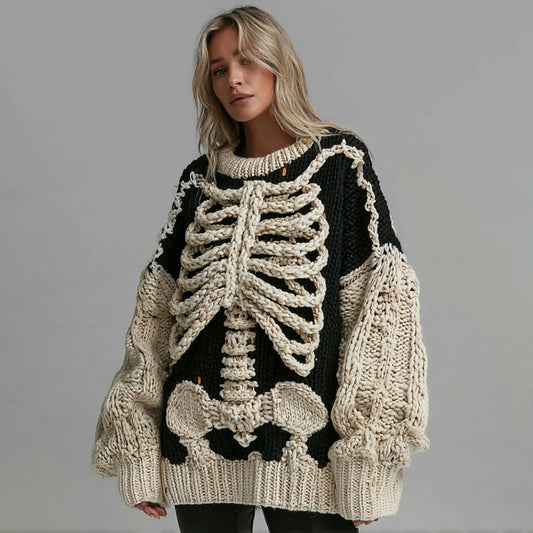 Women's Skeleton Embroidery Art Crew Neck Cozy Sweater
