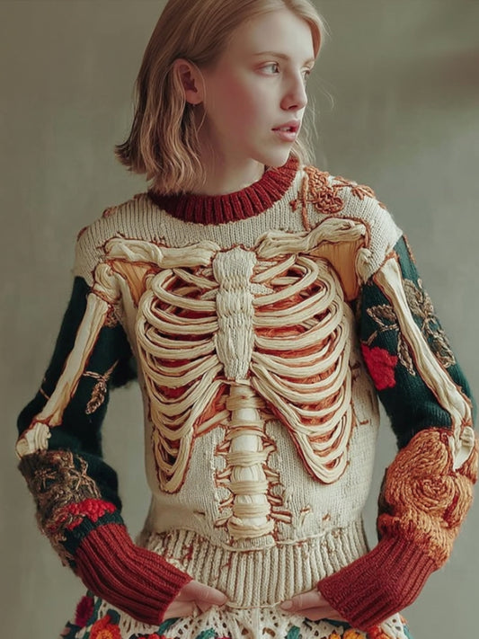 Women's Halloween Skeleton And Flower Art Embroidery Color Blocked Round Neck Sweater